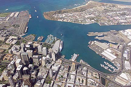 An aerial view of Honolulu Harbor